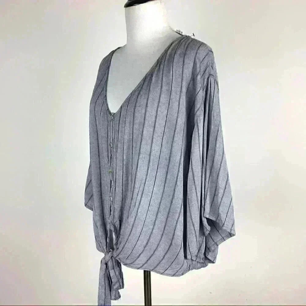 Blue rain Womens top size M blue striped v-neck boho peasant - Picture 6 of 10